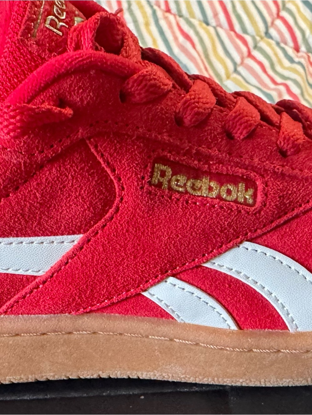 Reebok Red Suede Sneakers with White Stripes and Gum Sole - Picture 10 of 11